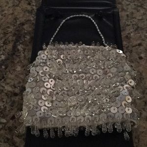 Silver Hand Beaded Clutch Handbag With Silver Chain